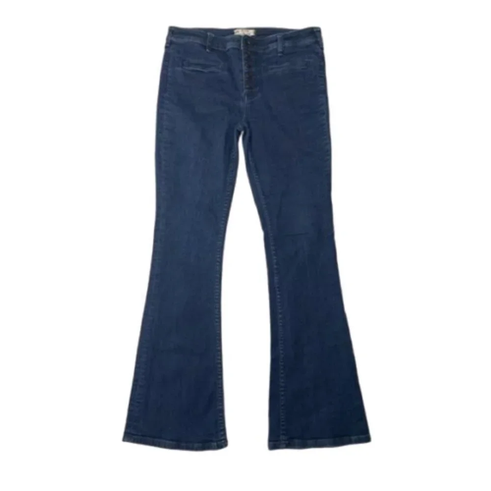Free People Kaye Mid Rise Flare Jean Dark Wash Exposed Button Fly Size 30